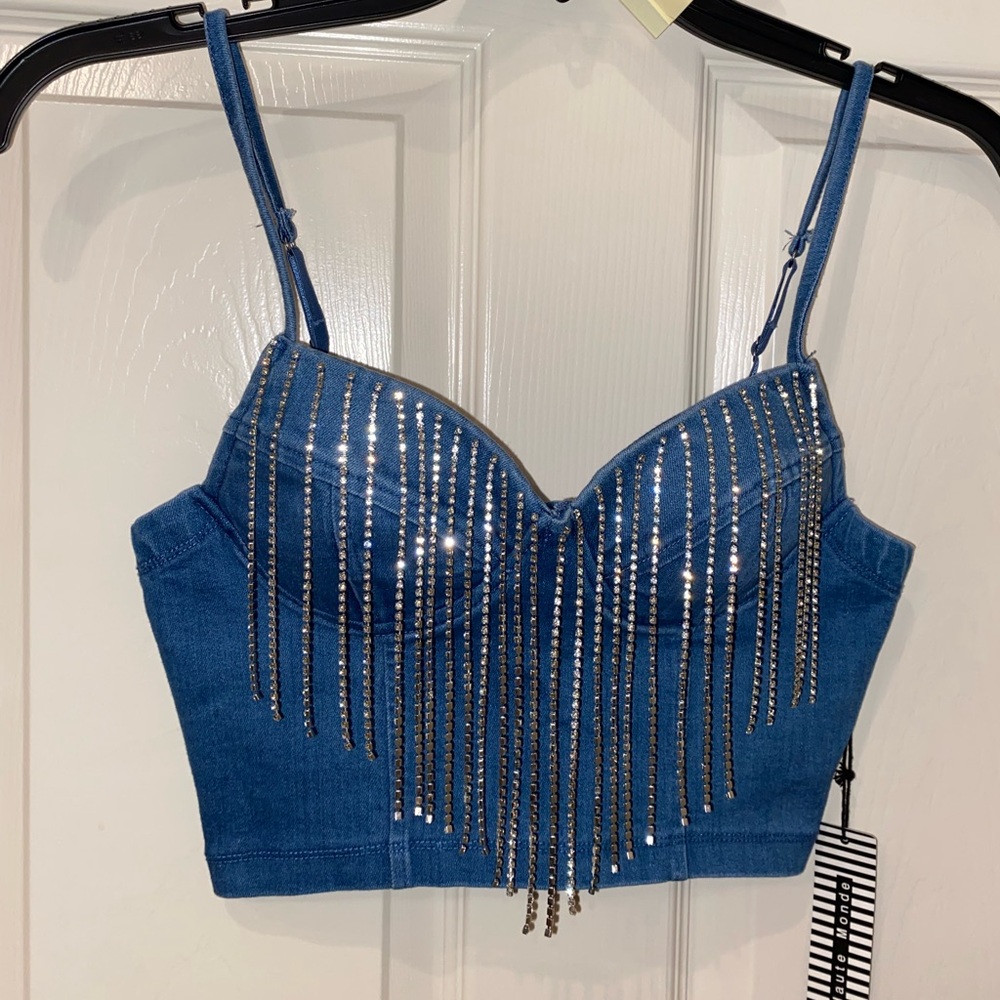 2/$25 Denim Rhinestone Fringe Crop Top